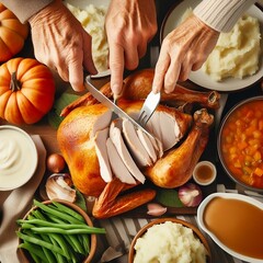 People carving the turkey for the thanks giving dinner