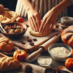 Woman preparing a delicious bread for the thanks giving dinner