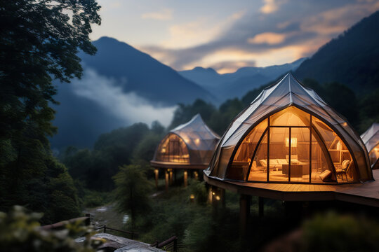 Geodesic dome cabins perched on a hillside offer a luxurious stay amidst misty mountains at dusk, with cozy interiors visible. Camping with luxury, plush bedding, and nature's beauty.