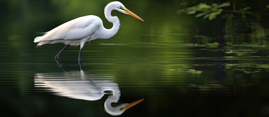 In the summer amidst the beauty of nature a cute and colorful great egret a wading bird known as Ardea alba graced a white pond in Virginia s Fairfax County creating elegant reflections in t - obrazy, fototapety, plakaty