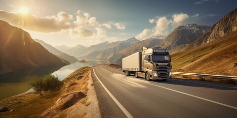 front view of single truck on road to mountain, sunny day - obrazy, fototapety, plakaty