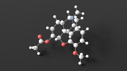 thebacon molecular structure, semisynthetic opioid, ball and stick 3d model, structural chemical formula with colored atoms