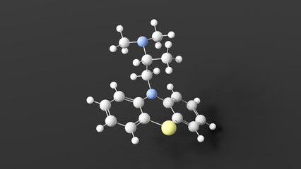 promethazine molecular structure, first-generation antihistamine, ball and stick 3d model, structural chemical formula with colored atoms - obrazy, fototapety, plakaty