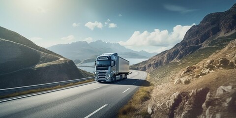 front view of single truck on road to mountain, sunny day