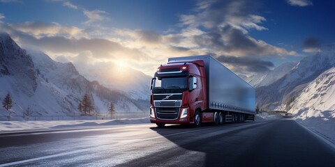 front view of single truck on road to mountain, sunny day, snow