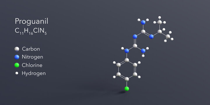 proguanil molecule 3d rendering, flat molecular structure with chemical formula and atoms color coding