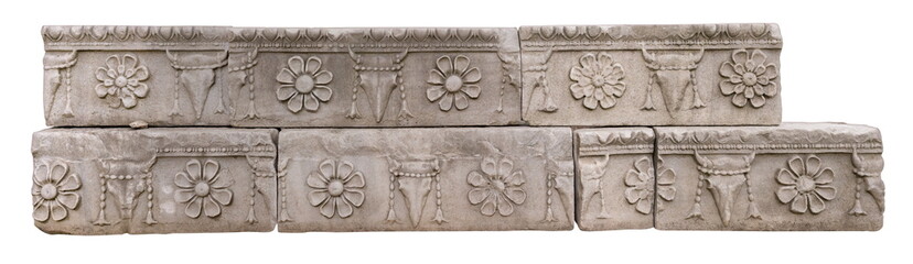 Old plaster sculptures and bas-reliefs, wall texture and patterns. Elements of architectural...