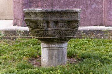 Old plaster sculptures and bas-reliefs, wall texture and patterns. Elements of architectural decorations of buildings. On the streets in Istanbul, public places.
