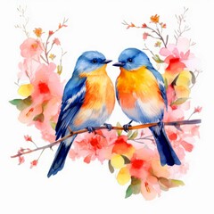 Watercolor Couple of bird on a branch with Blossom flower isolated on White Background, Cute birds on a branch with blooming sakura.
