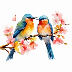 Watercolor Couple of bird on a branch with Blossom flower isolated on White Background, Cute birds on a branch with blooming sakura.
