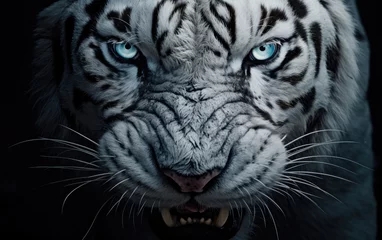 Zelfklevend Fotobehang Fierce looking white tiger with fangs looks scary on a black background. © somkcr