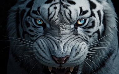 Eyes and face of a white tiger on a black background.jungle predator, tropical forest, close-up - Powered by Adobe