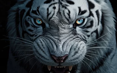 Rolgordijnen Eyes and face of a white tiger on a black background.jungle predator, tropical forest, close-up © somkcr
