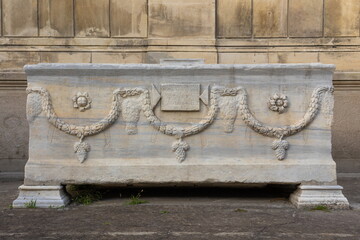 Old plaster sculptures and bas-reliefs, wall texture and patterns. Elements of architectural...