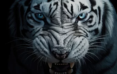 Poster Eyes and face of a white tiger on a black background.jungle predator, close-up © somkcr