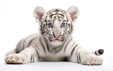 Little white bengal tiger lying exhausted looking cute isolated on a white background.