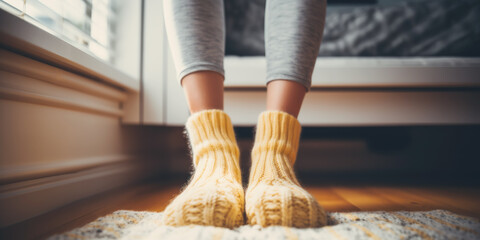 Woman at home in warm wool socks in winter time. concept of keeping warm in winter. - obrazy, fototapety, plakaty