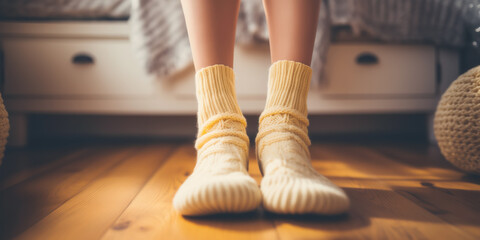 Woman at home in warm wool socks in winter time. concept of keeping warm in winter.