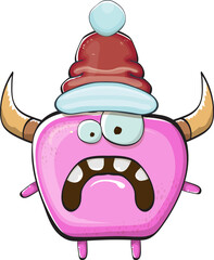 Vector cartoon funky pink monster with Santa Claus red hat isolated on white background. Funny and cute Childrens Merry Christmas greeting card with funny PINK monster elf Santa Claus character.