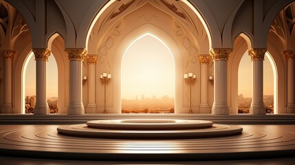 Fototapeta premium podium background. Ramadan holiday minimalism style . arabic design with shades of beige gold colors.ai generated