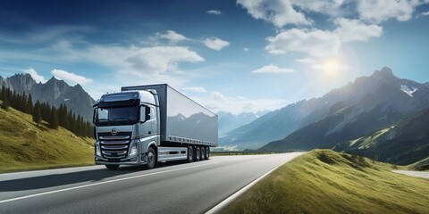 front view of single truck on road to mountain, sunny day - obrazy, fototapety, plakaty