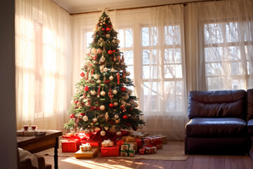 interior of a country house decorated with a Christmas tree on the eve of the holiday. large spacious bright room.
