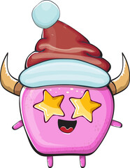 Vector cartoon funky pink monster with Santa Claus red hat isolated on white background. Funny and cute Childrens Merry Christmas greeting card with funny PINK monster elf Santa Claus character.
