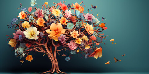 Cultivating Mental Health: Human Brain Tree with Flowers - obrazy, fototapety, plakaty