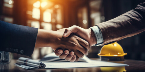 Architect and engineer construction workers shaking hands while working for teamwork and cooperation concept after finish an agreement in the office construction site, success collaboration concept - obrazy, fototapety, plakaty