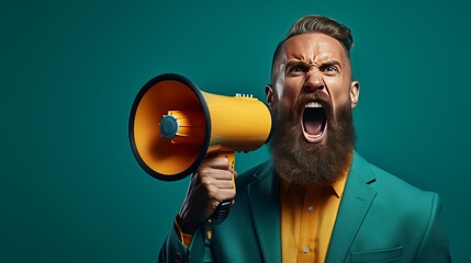 stressed businessman shouting into megaphone on solid background studio fashion shot