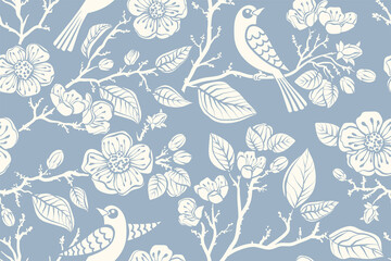Two colors seamless pattern with flowers and birds. Decorative design for textile, fabric, cover, wrapping paper, web. Zoo, wildlife stylized