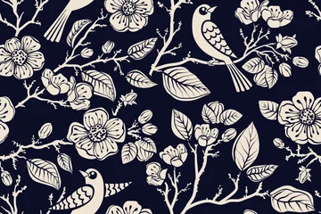 Gordijnen Two colors seamless pattern with flowers and birds. Decorative design for textile, fabric, cover, wrapping paper, web. Zoo, wildlife stylized © sunny_lion
