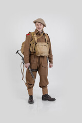 The man is an actor in vintage military uniform of the American soldier, period World War I, 1914-1918