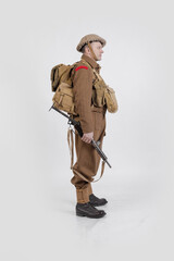 The man is an actor in vintage military uniform of the American soldier, period World War I, 1914-1918