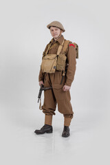 The man is an actor in vintage military uniform of the American soldier, period World War I, 1914-1918