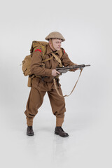 The man is an actor in vintage military uniform of the American soldier, period World War I, 1914-1918