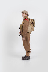 The man is an actor in vintage military uniform of the American soldier, period World War I, 1914-1918