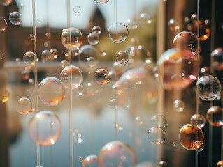 Soap bubbles floating in a window. AI generative