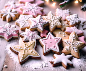 Deliciosas galletas recién horneadas. Galletas de Navidad listas para comer. Postre navideño para merendar. Galletas con formas navideñas de color rosa palo. Hecho con IA.