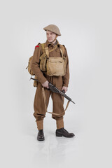 The man is an actor in vintage military uniform of the American soldier, period World War I, 1914-1918