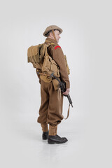 The man is an actor in vintage military uniform of the American soldier, period World War I, 1914-1918