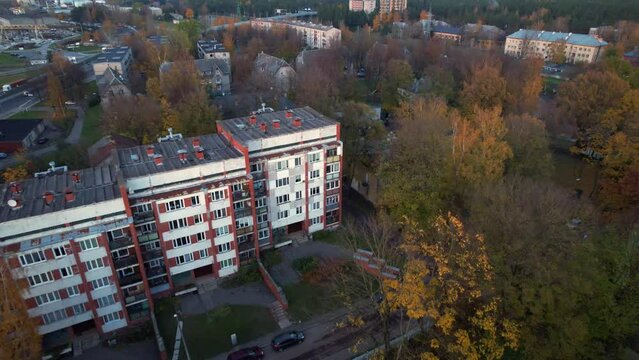 Drone view of old soviet living buildings, flats and streets in Riga, Latvia.
