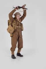 The man is an actor in vintage military uniform of the American soldier, period World War I,...