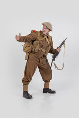 The man is an actor in vintage military uniform of the American soldier, period World War I, 1914-1918