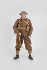 The man is an actor in vintage military uniform of the American soldier, period World War I, 1914-1918