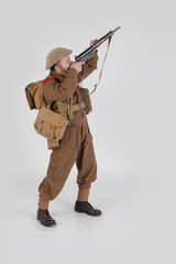 The man is an actor in vintage military uniform of the American soldier, period World War I, 1914-1918