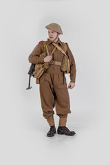 The man is an actor in vintage military uniform of the American soldier, period World War I, 1914-1918