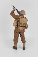 The man is an actor in vintage military uniform of the American soldier, period World War I, 1914-1918