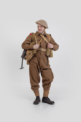 The man is an actor in vintage military uniform of the American soldier, period World War I, 1914-1918