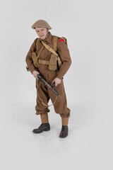 The man is an actor in vintage military uniform of the American soldier, period World War I, 1914-1918